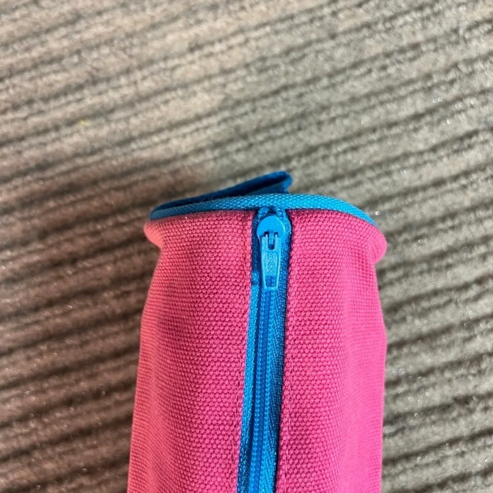 Lillian Vernon Pink Canvas Barrel Pencil Case Blue Trim Zipper Pouch Organizer